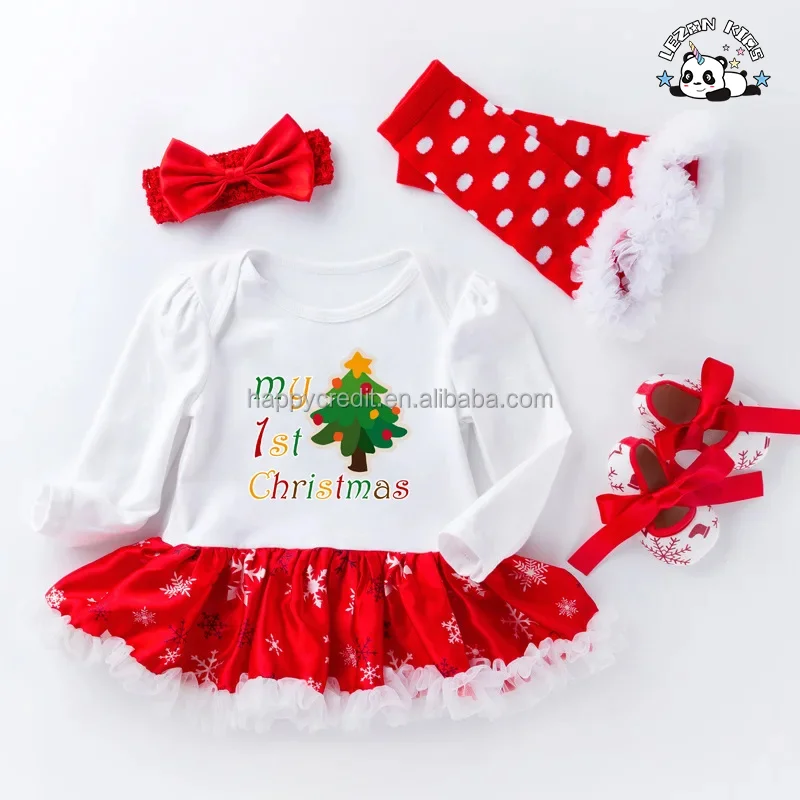 LEZONKIDS - Conjunto de Vestido de Natal de Inverno Personalizado para Bebê Menina Manga Longa Cartoon Vestido 4 Peças Conjunto de Sapatos Meias para Roupas de Bebê Menina